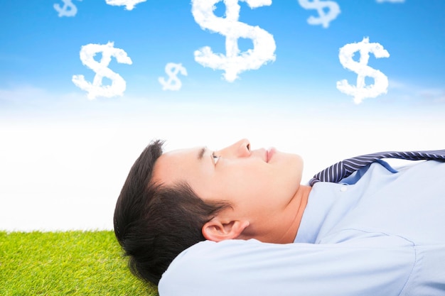 Photo businessman thinking money and goal on a meadow