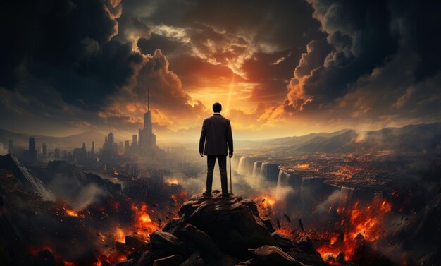 A businessman on top of a mountain A man standing on top of a mountain with a city in the background