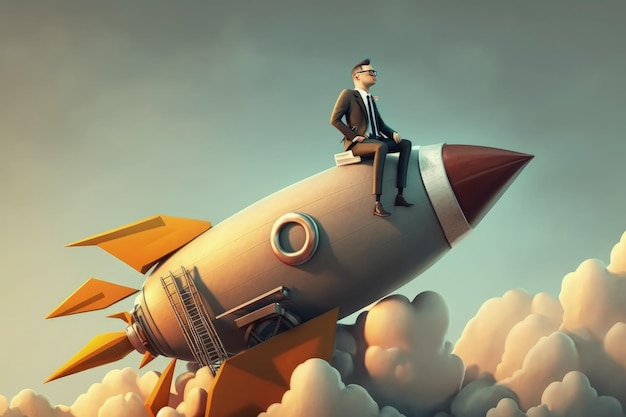 Businessman on top of rocket startup creation concept AI
