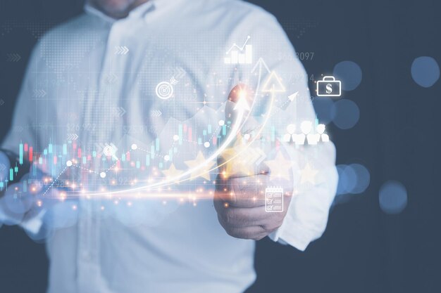 Photo businessman touch on a growth graph of stock for the planning of strategy stock market for investment in the future management of the stock market for profit business investment financial concept