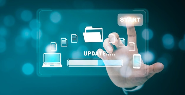 ビジネスマンは、ソフトウェアの更新で開始をタッチしますコンピュータプログラムのアップグレード仮想画面でのビジネステクノロジーのインターネットアップデートインターネットとテクノロジーのコンセプトローディングバーとアップデートのインストール