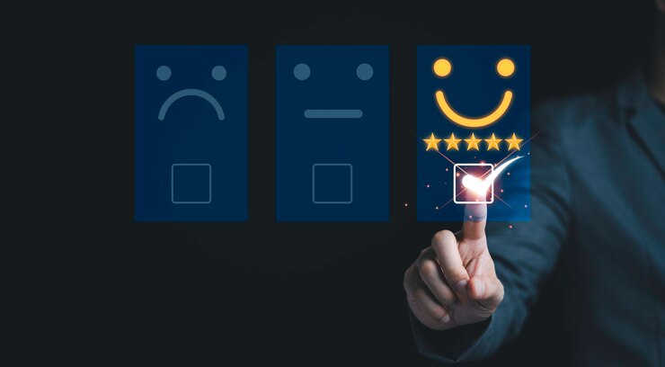 Photo businessman  touch on virtual tab bar to customer evaluates products and services. customer satisfaction and marketing survey rating concept.