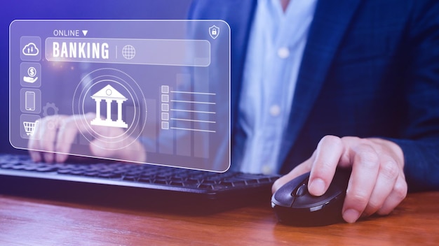 businessman touches online banking and network connection icons online payment icons on virtual screen internet online banking pay concept