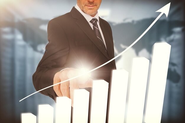 Businessman touching bar chart interface with world map on background in data center 3d