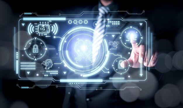 นักธุรกิจสัมผัสสมองในการทำงานของปัญญาประดิษฐ์ AI ในธุรกิจแห่งอนาคตและการพัฒนาซอฟต์แวร์การเข้ารหัสบนอินเทอร์เฟซและซิงโครไนซ์การเชื่อมต่อเครือข่าย IoT ที่เป็นนวัตกรรม