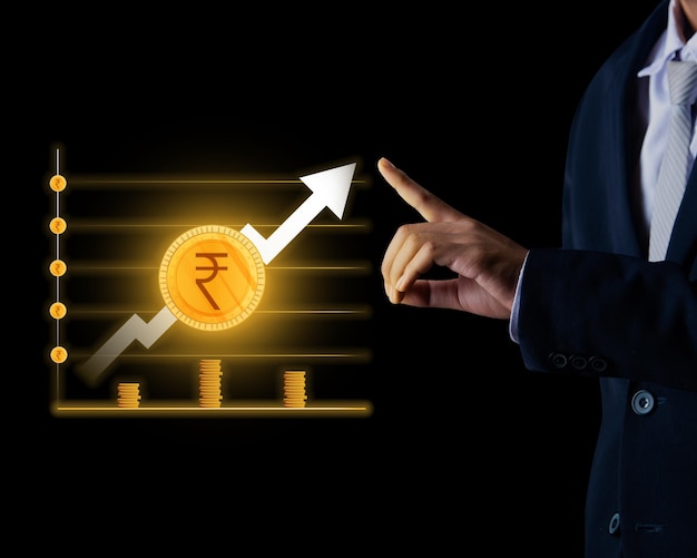 Businessman touching finance graph with rupee sign good credit score associated bank investment and business background