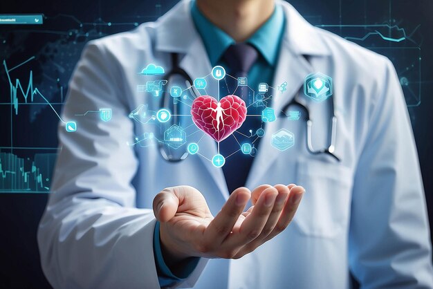 Photo businessman touching heart shape of service mind and healthcare business graph growth and medical icon on cube medical examination medicine data analysis on network screen medical business