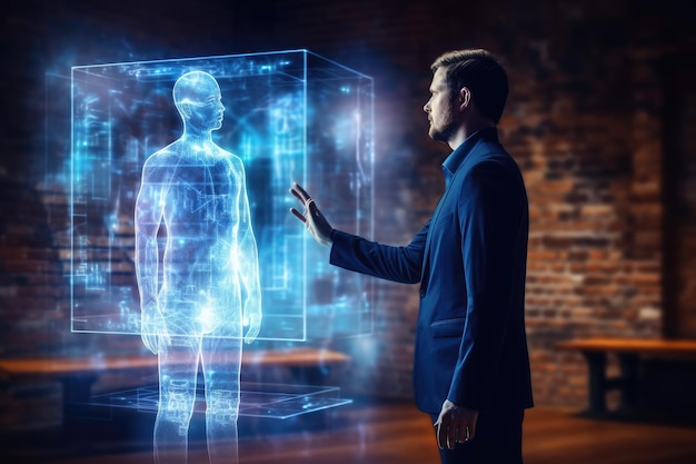 디지털 프로젝션으로 홀로그램 스크린을 만지는 사업가 미래 및 기술 개념 이중 노출 흐린 배경의 남자는 디지털 의료 홀로그램 AI 생성을 사용합니다.