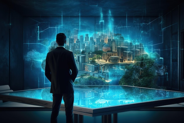 Businessman touching hologram screen with virtual reality Metaverse technology concept