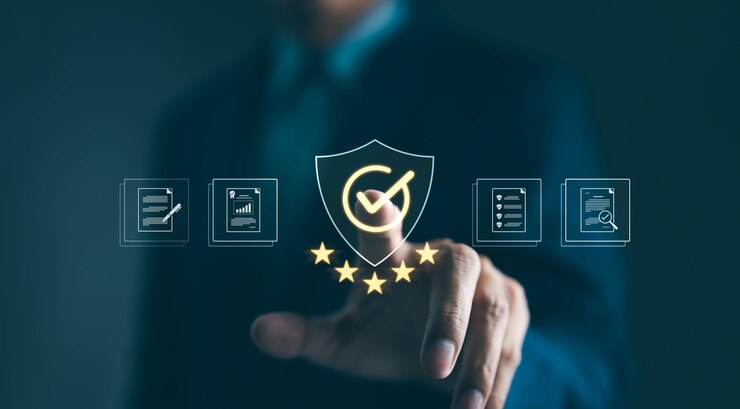 Businessman touching standard quality control certification assurance guarantee for automation process Quality management with Quality Assurance Quality Control Standardization health insurance