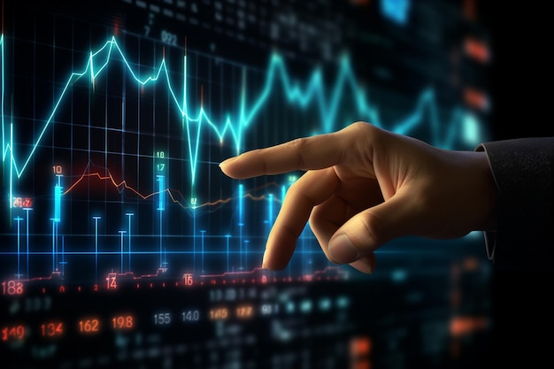 Бизнесмен, касающийся виртуальной панели фондового рынка с графиком форекс и диаграммой свечей