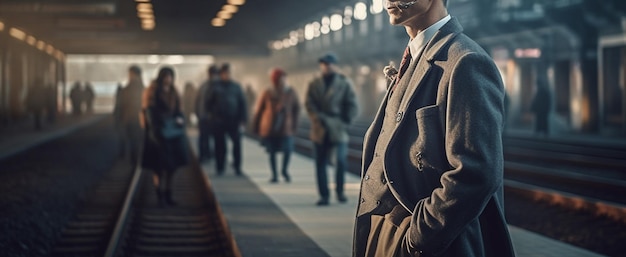 Businessman in train station waiting for his train generative ai