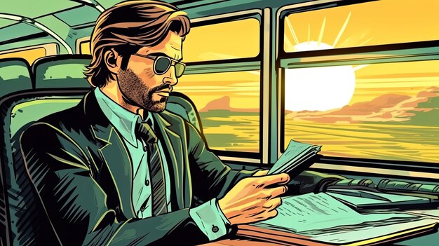 Businessman traveling in a train Fantasy concept Illustration painting