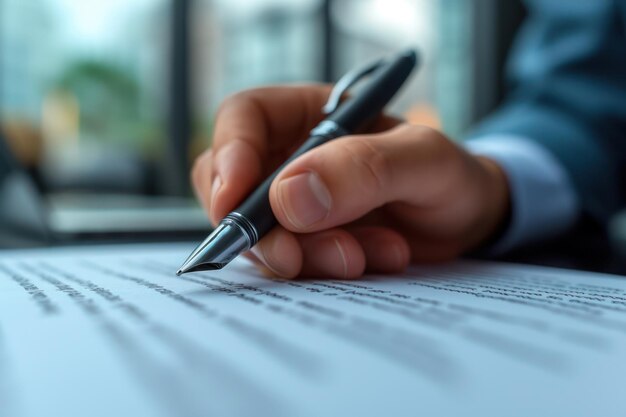 Foto uso della penna elegante da uomo d'affari per firmare un contratto o un documento in primo piano generativo ai