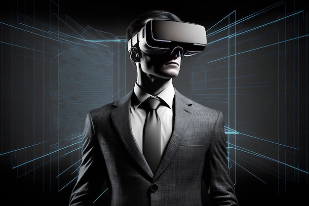 사업가 사용 VR 가상 현실 메타버스 기술 배경
