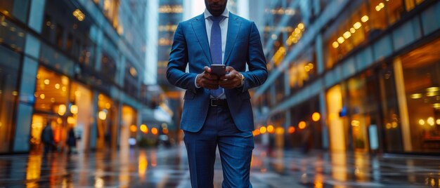 Photo the businessman uses a mobile phone to connect to the internet and perform digital marketing finance and banking digital link technology big data analytics