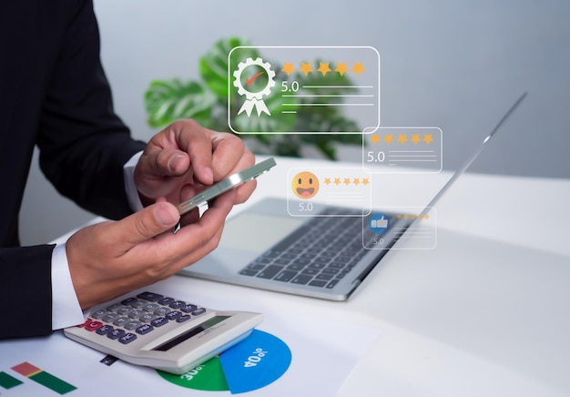 Businessman uses smartphone to survey customer satisfaction