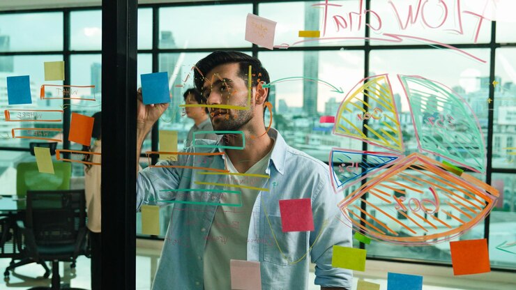 Photo businessman uses sticky notes at glass wall to brainstorming idea tracery