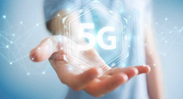 5G 네트워크 인터페이스를 사용하는 사업가, 3D 렌더링