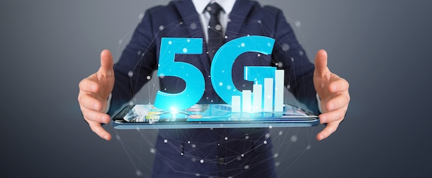 휴대 전화, 3D 렌더링과 함께 5G 네트워크를 사용하는 사업가