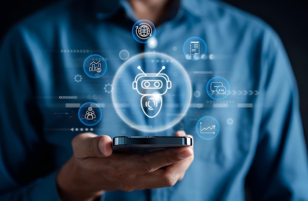Businessman using ai technology chat bot with AI Artificial Intelligence generate Futuristic technology robot in online system Business in future to invest and develop corporate concept