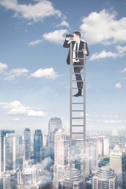 Businessman using binoculars above modern city