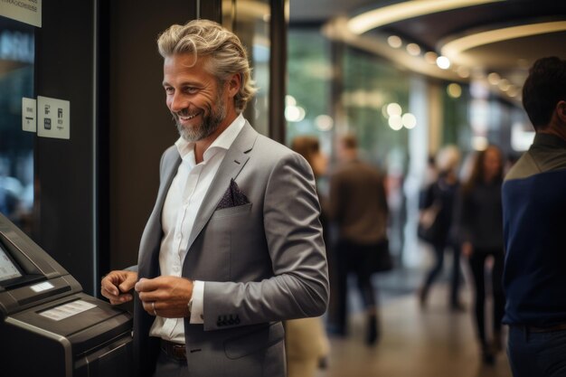 Businessman using card at an ATM