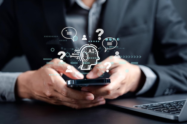 Businessman using chatbot in computer smart intelligence Ai Chat with AI Artificial Intelligence developed by OpenAI generate