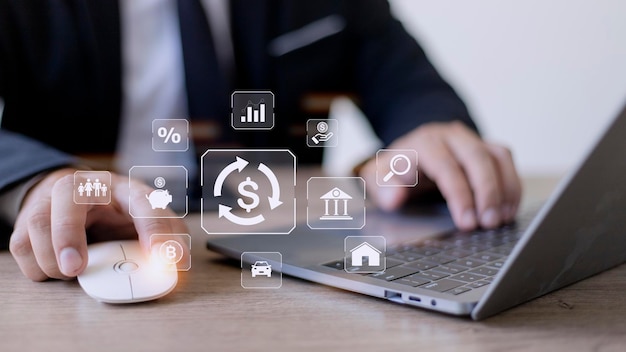 Businessman using a computer to concept of fund financial\
investment management portfolio diversification