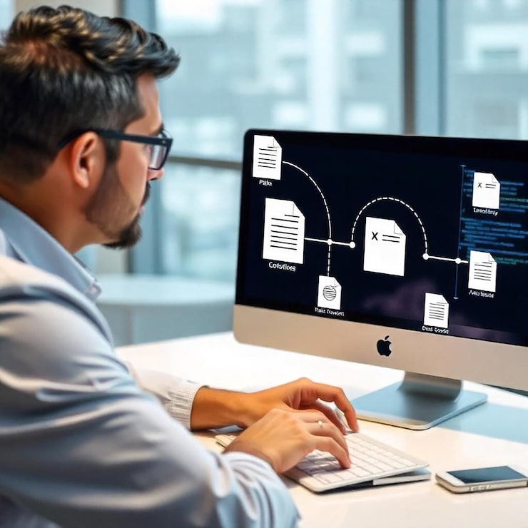Photo businessman using a computer to document management concept online documentation database and digital file storage system or software records keeping database technology file access doc sharing