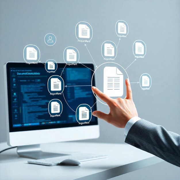 businessman using a computer to document management concept online documentation database and digital file storage system or software records keeping database technology file access doc sharing