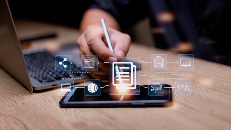 Photo businessman using a computer to document management concept online documentation database and digital file storage system software records keeping database technology file access doc sharing