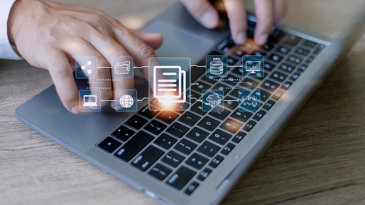 Photo businessman using a computer to document management concept online documentation database and digital file storage system software records keeping database technology file access doc sharing