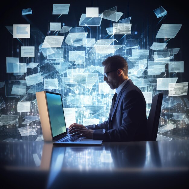 Businessman using a computer to document management