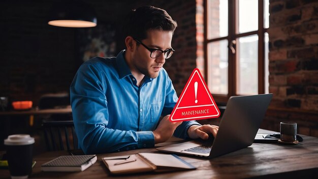 Businessman using computer laptop with red triangle caution warning sign for notification error and