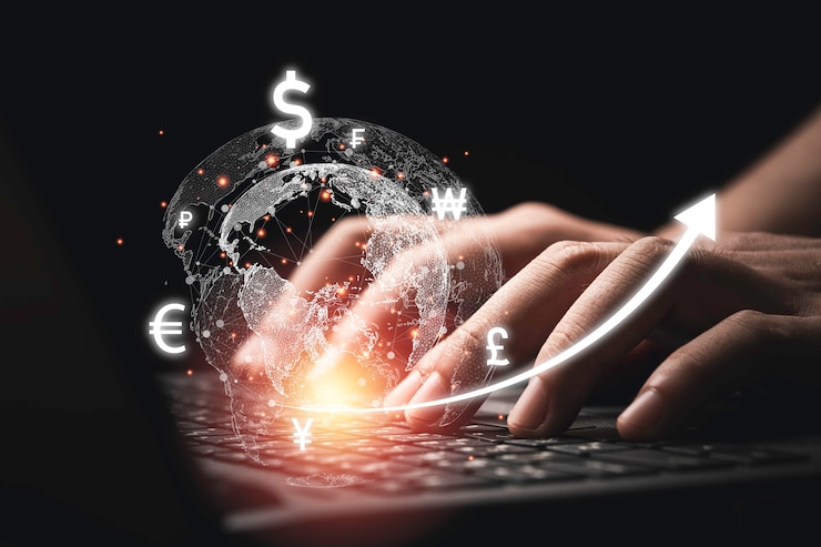 Photo businessman using computer laptop with virtual world with currency sign such as dollar yen yuan euro and pound for currency exchange and trader by technology concept.