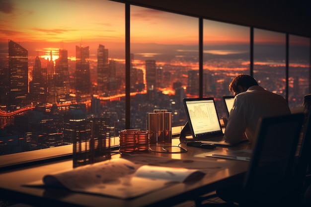 Businessman using computer in office analyzing financial data smart city down town with sunset background generative ai