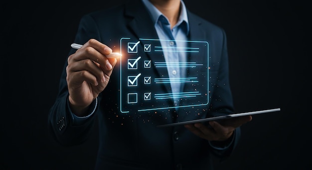 Businessman using digital checklist to ensure project progress and business success