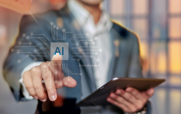 Businessman using digital tablet with AI smart vr screen