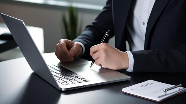 Businessman using a laptop analyses the business