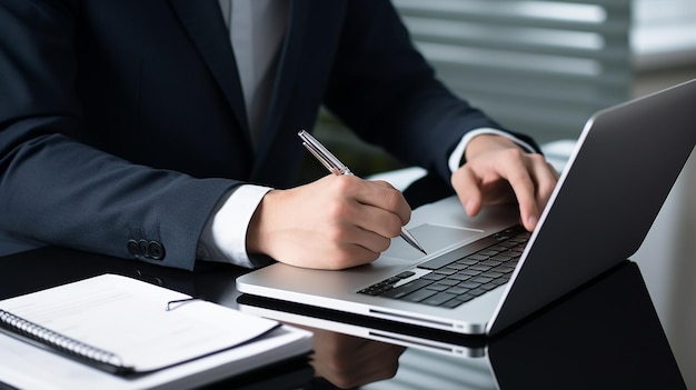 Businessman using a laptop analyses the business