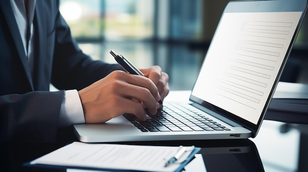 Businessman using a laptop analyses the business