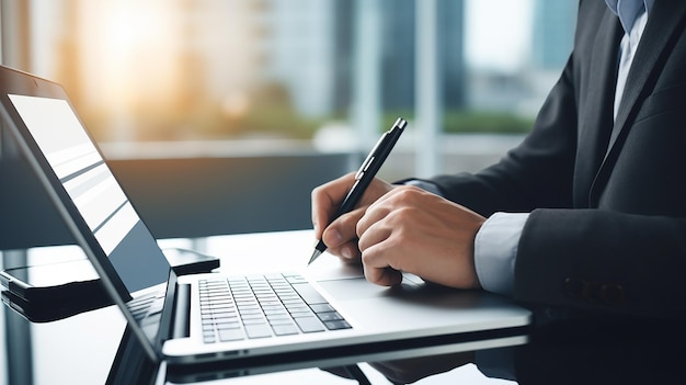 Businessman using a laptop analyses the business