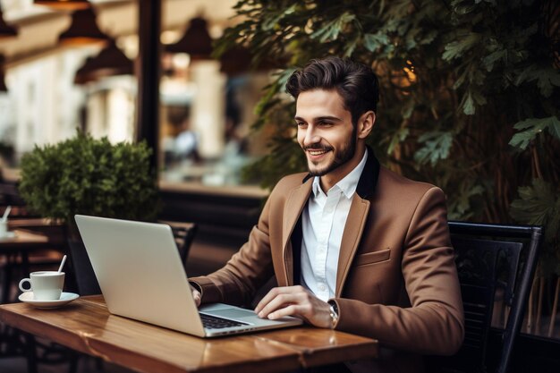 Businessman using laptop computer in office Happy middle aged man entrepreneur small business own