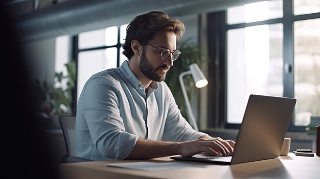 Businessman using laptop computer in office Happy middle aged man entrepreneur small business own