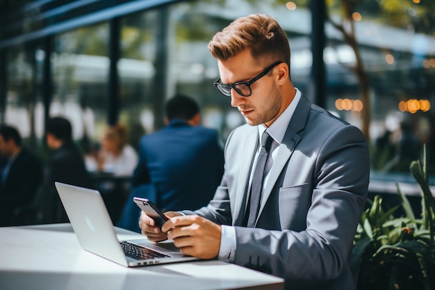 Businessman using laptop computer in office Happy middle aged man entrepreneur small business owner working online