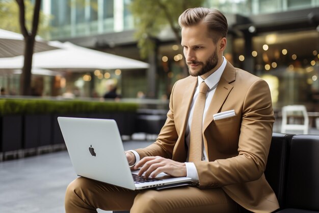 Businessman using laptop computer in office Happy middle aged man entrepreneur small business owner working online