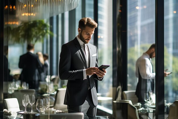 Businessman using laptop computer in office Happy middle aged man entrepreneur small business owner working online