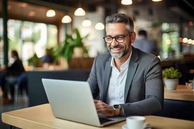 Photo businessman using laptop computer in office happy middle aged man entrepreneur small business owner