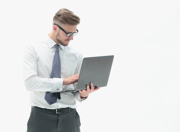 Businessman using laptop isolated on white photo with copy space